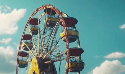 Rusty Ferris wheel, sunny sky, abandoned park, nostalgic