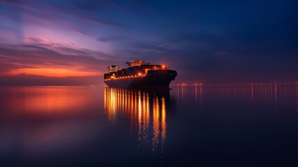 Ocean cargo ship at sea. Global export transport and expansion. Commercial trade. Worldwide delivery. Heavy cargo. Mail, postal, merchandise.