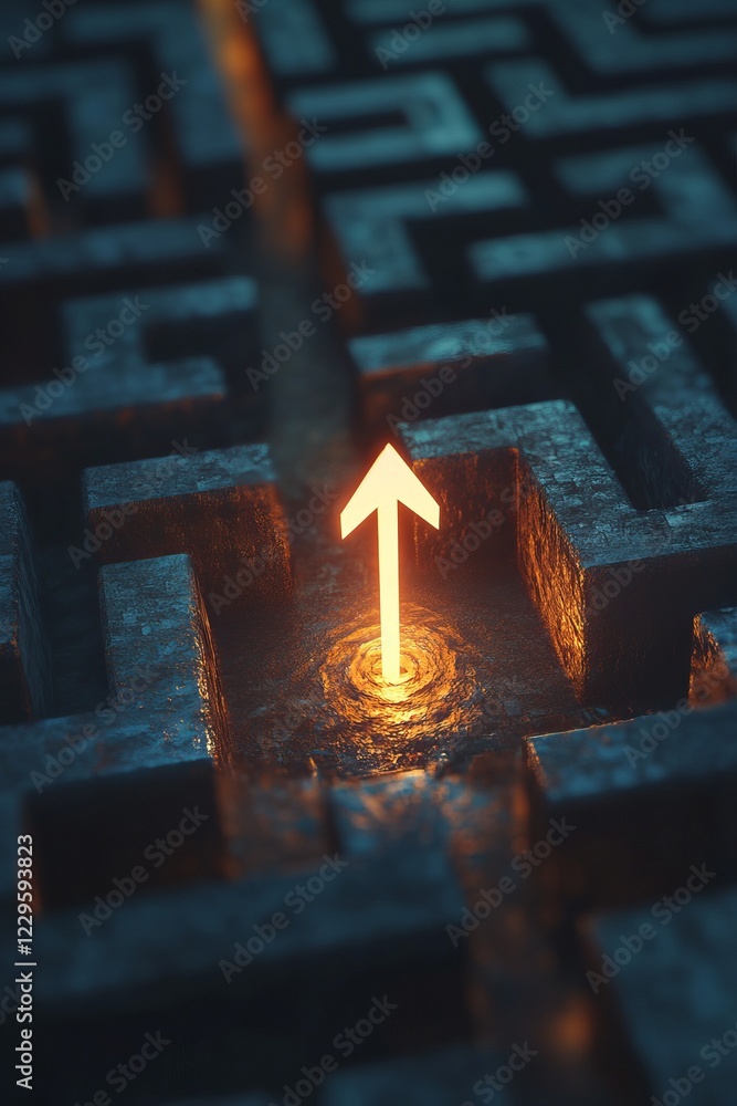 Poster navigating the maze, a glowing arrow points the way in a complex journey