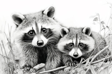 Obraz premium Raccoon Animal Discovery Wild Nature Ink Sketch Style