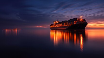 Ocean cargo ship at sea. Global export transport and expansion. Commercial trade. Worldwide delivery. Heavy cargo. Mail, postal, merchandise.