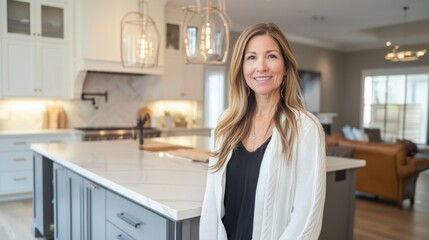 Real estate agent showcasing modern kitchen residential home professional portrait bright and spacious environment focused viewpoint