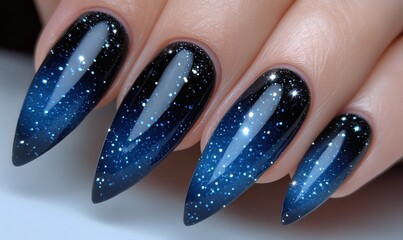 Close-up of stylish, dark blue, glitter ombre nails with pointed tips.