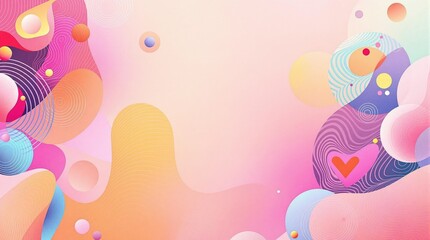 Pastel pink background with colorful, abstract shapes and patterns in a modern art style, geometric designs, modern art styles