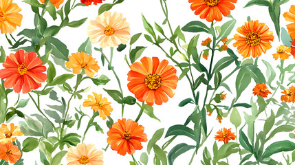 Bright Summer Floral Composition with Zinnias and Marigolds in Watercolor