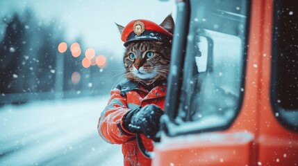 Siberian Cat Drives Winter Service Vehicle in Snowy Landscape