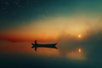 Obraz premium Fisherman silhouette in a boat on the lake with a sunset background. Tranquil nature concept. Generative AI