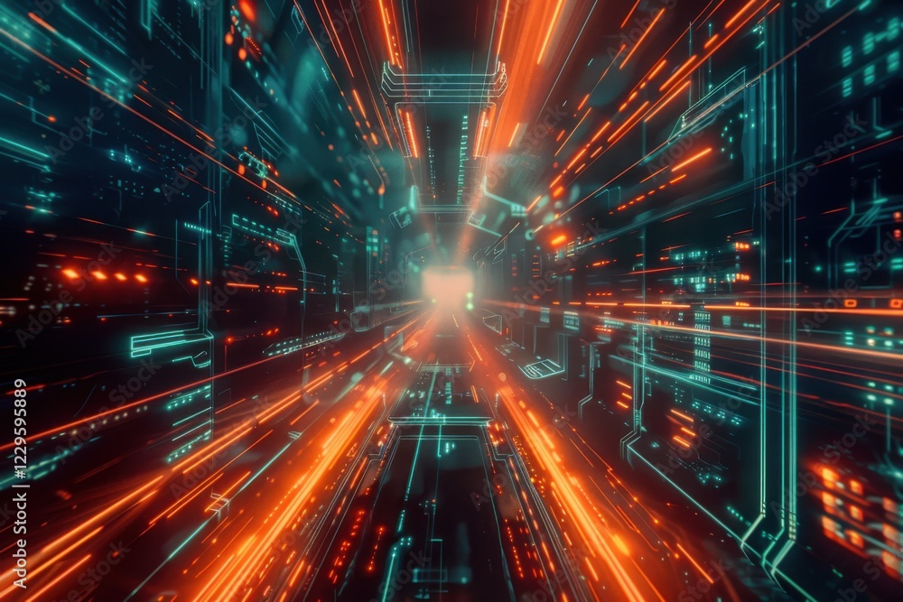 Poster futuristic ai chip with glowing pathways and light trails