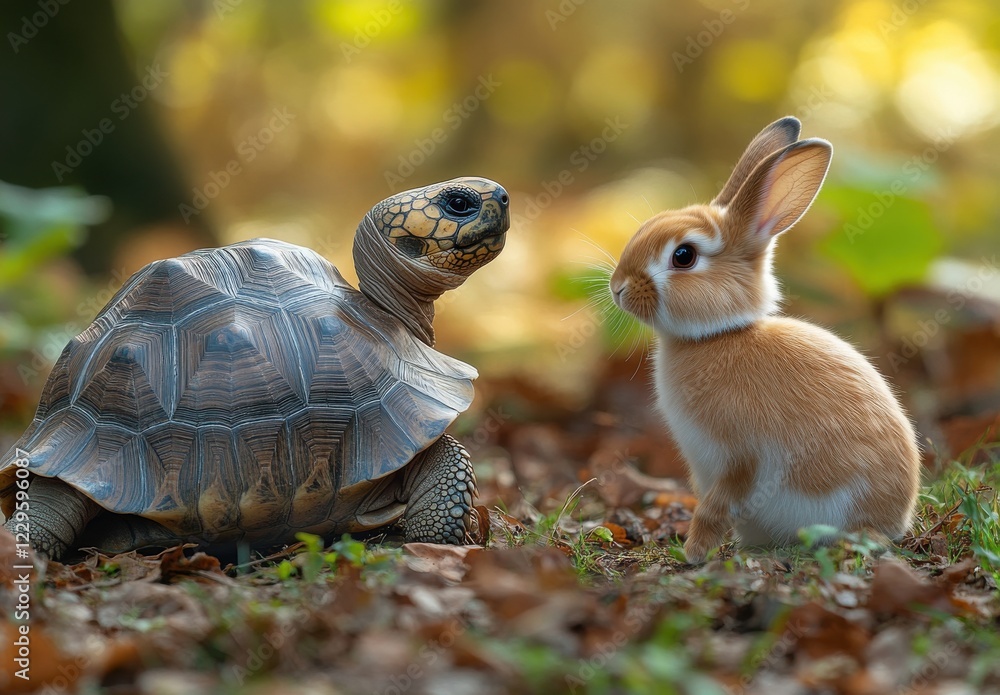 Poster an endearing encounter between a turtle and a rabbit in a serene nature setting surrounded by autumn