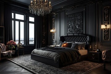 Dark bedroom interior bed with shelf and minimalist art decoration, hardwood floor. Panoramic window on Singapore skyscrapers. Mockup copy space wall. 3D rendering

