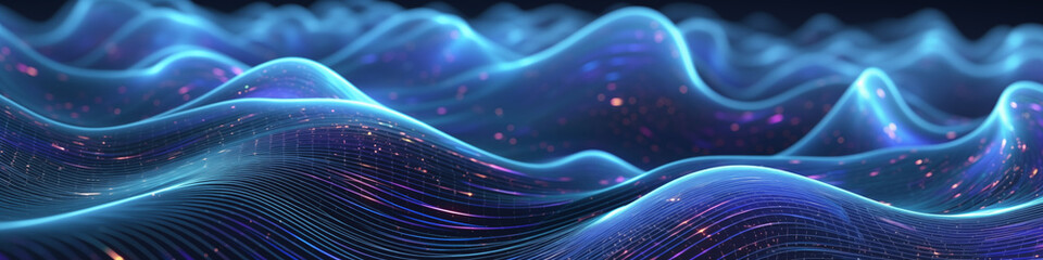 glowing lights wavy patterns abstract background blue waves golden sparkles futuristic elements