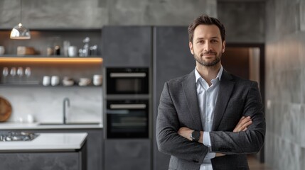 Fototapeta premium Real estate agent showcasing modern kitchen urban apartment professional portrait contemporary design close-up homeownership