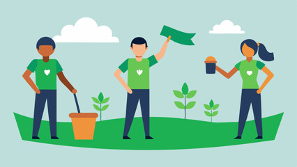 Volunteer Action Illustrating volunteers in action such as cleaning a park or helping at a food bank with a banner in the background promoting a crowdfunding effort to support the