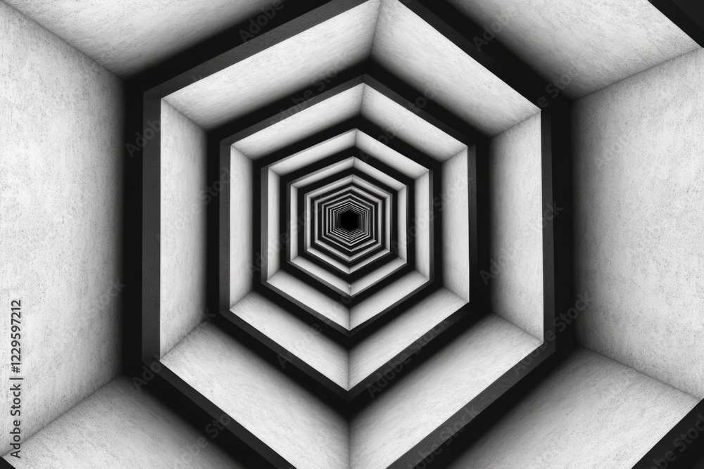 Poster a striking black and white abstract image featuring a hexagonal tunnel with a sense of depth and inf