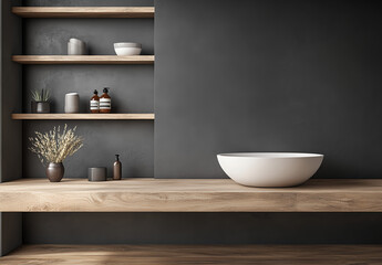 Minimalist bathroom with an oak countertop and white sink, featuring shelves filled with various home decor items. The focus is on the wooden surface of the countertop, creating depth in the 