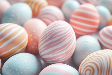 Obraz premium Colorful Easter eggs are stacked on top of each other on a table