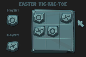 Tic-Tac-Toe stone style, UI game with cursor arrow. Vector cartoon strategy game noughts and crosses