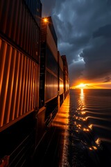 Ocean cargo ship at sea. Global export transport and expansion. Commercial trade. Worldwide delivery. Heavy cargo. Mail, postal, merchandise.