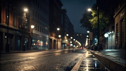 Dark street with blurred surroundings and a shallow depth of field capturing the streetlights through a bokeh effect, bokeh effect, quiet evening, dark alleyway