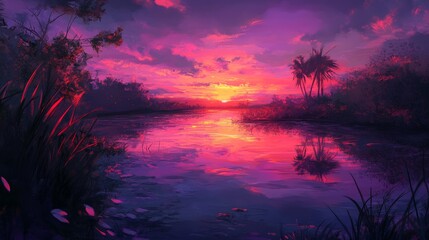 A beautiful painting of a sunset over a lake with a palm tree in the foreground. The colors are vibrant and the scene is peaceful and serene