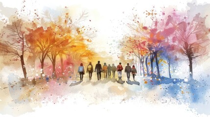 Group of people walking through a colorful autumn landscape with vibrant trees and soft light
