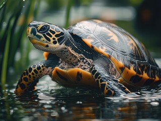 Obraz premium Beautiful colorful turtle resting on water surface with vibrant patterns and textures amidst green aquatic plants in a serene natural environment