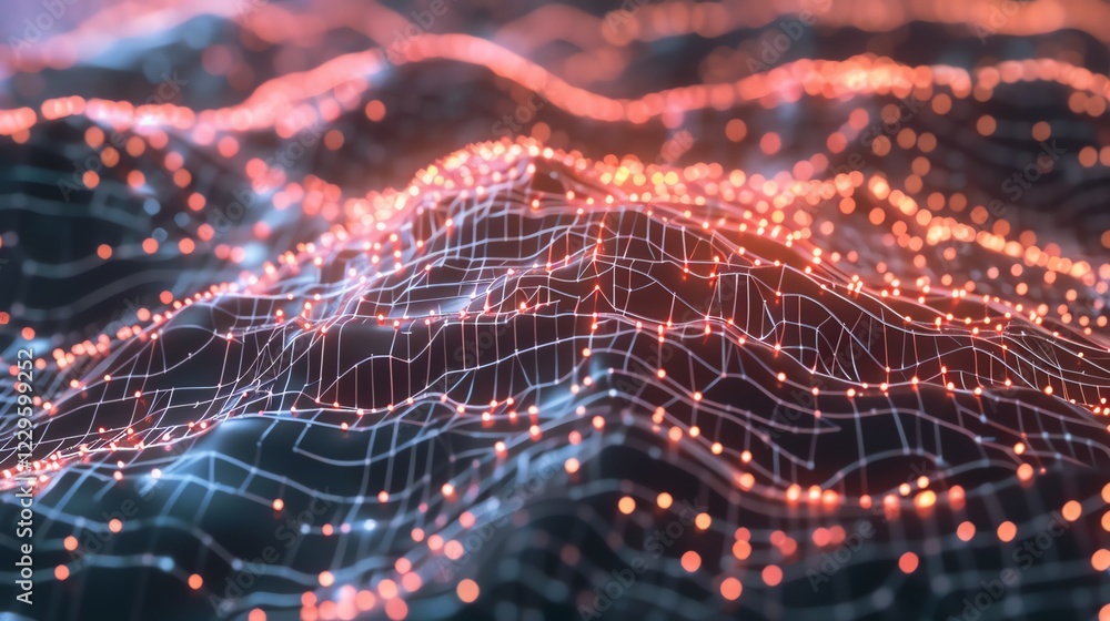 Poster a 3d rendered abstract image of a glowing network with orange dots.