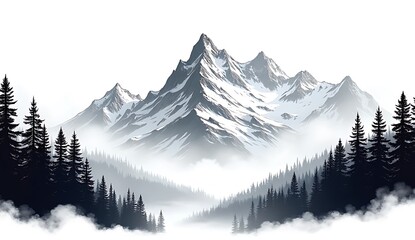 Snowy mountain landscape with pine trees and fog
