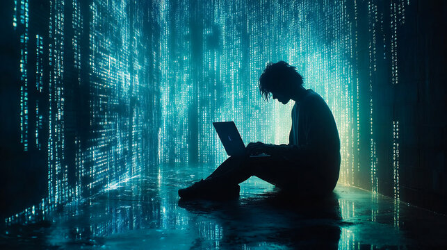 Software Developer Coding on Laptop with JavaScript Code at Night, Digital Technology Concept for Mobile App Development and Programming, Highlighting Binary Code and Data Processing
