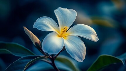 Close-Up of a Beautiful White Tropical Flower with Yellow Center in a Lush Garden Setting