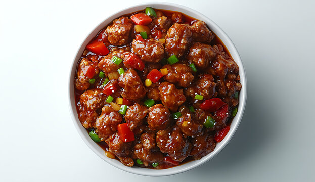 Sichuan-style Sweet And Sour Chicken, White Background, Top View, High-resolution Photography, Realistic, Cinematic Lighting, Super-detailed, Isolated On The Edges Of Objects, No Shadows, Super-realis