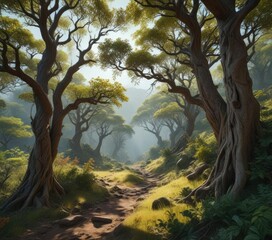 Obraz premium Dense foliage covers hills with twisted tree trunks and branches , evergreen, trees, forest landscape