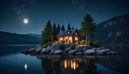 Obraz premium Una pequeña cabaña en una isla rocosa en un lago por la noche, con un cielo estrellado y una luna llena en lo alto. La cabaña tiene un brillo cálido y acogedor proveniente de las luces del interior
