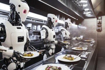 Group of robots efficiently preparing dishes in a modern restaurant kitchen