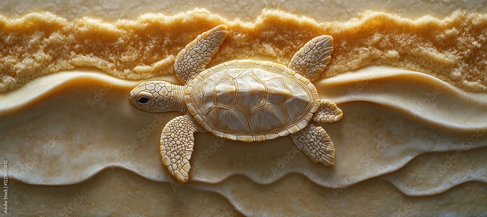 Poster captivating close-up of a realistic turtle sculpture on a textured sandy shore with gentle waves and
