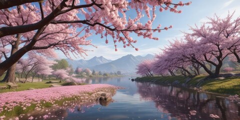 serene landscape under blooming cherry blossoms, garden, calm, blossom