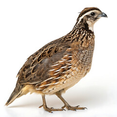 Fototapeta premium Quail with brown feathers on a white background. Detailed image of a wild bird with distinctive plumage, studio photo