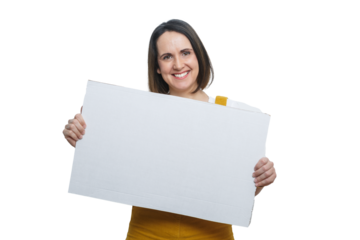 Smiling woman with short hair and dressed in yellow holding a blank sign ready for personal or promotional messages.