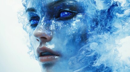 Fototapeta premium Crystalline face emerging from blue smoke