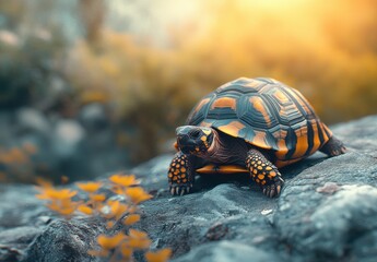 Obraz premium Captivating Turtle on Rock Surrounded by Nature, Stunning Detail of Shell with Tangerine and Black Patterns in Soft Sunset Light, Serene Wildlife Scene