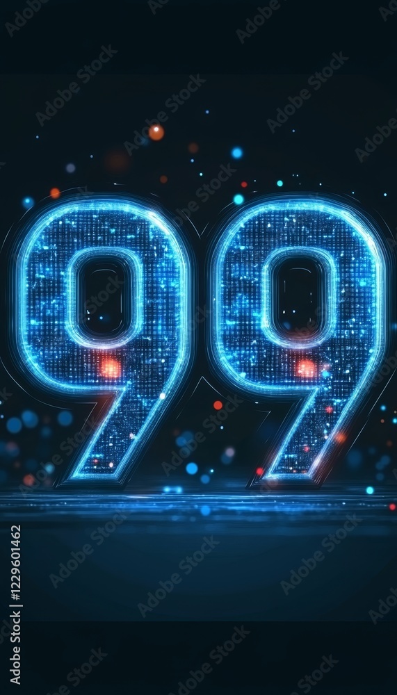 Poster glowing digital 3d number 99 in futuristic style on abstract background with glowing particles