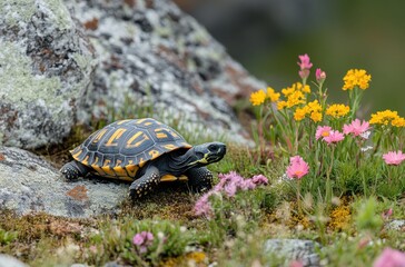Obraz premium Charming Turtle Wandering Through Vibrant Wildflowers in a Serene Natural Landscape with Soft Focus on Colorful Flora