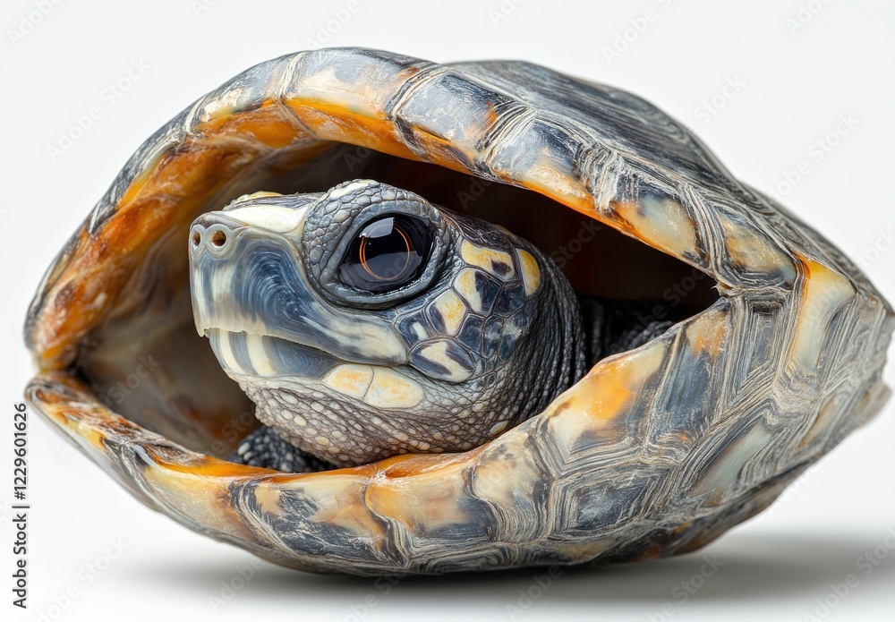 Poster close-up of a baby turtle emerging from its vibrant shell with detailed patterns and natural texture