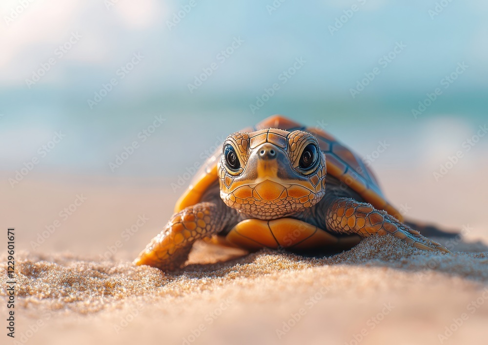 Aufkleber close-up of a baby turtle crawling on sandy beach, capturing its unique shell patterns and expressiv