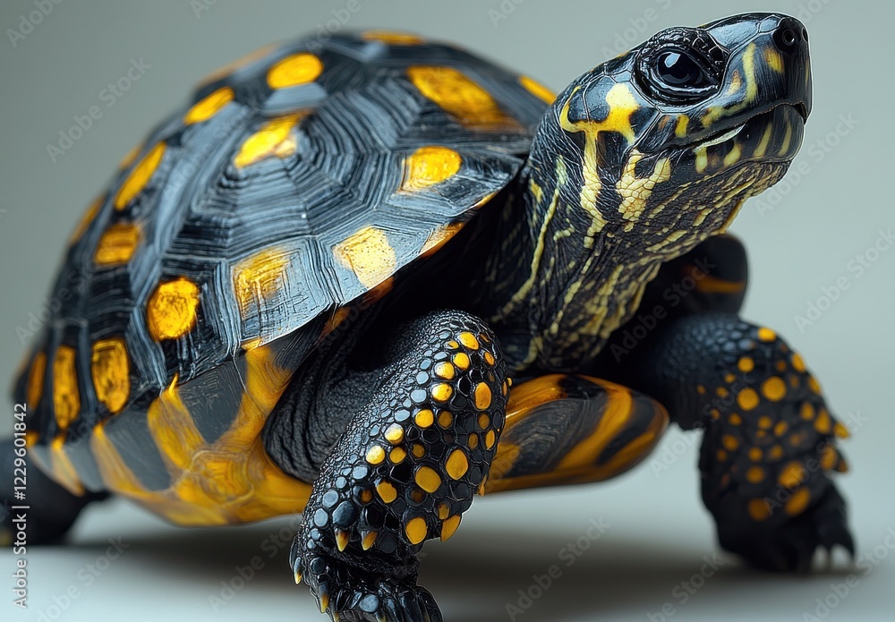 Poster close-up of a beautiful exotic turtle with striking black and yellow pattern showcasing unique shell