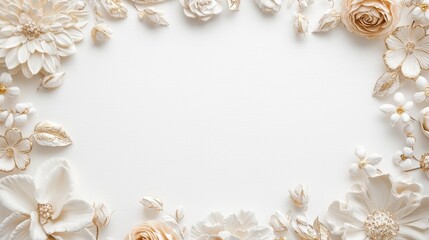 Intricate Handmade Floral Decorative Frame. Floral frame design with cream and beige flowers on a light background.