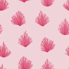 Mid Century pink seamless pattern with leaves or seashells. Retro design for fabric, stamp, cover