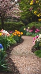 Fototapeta premium Serene Garden Path: A Colorful Spring Landscape with Blooming Tulips and Flowers