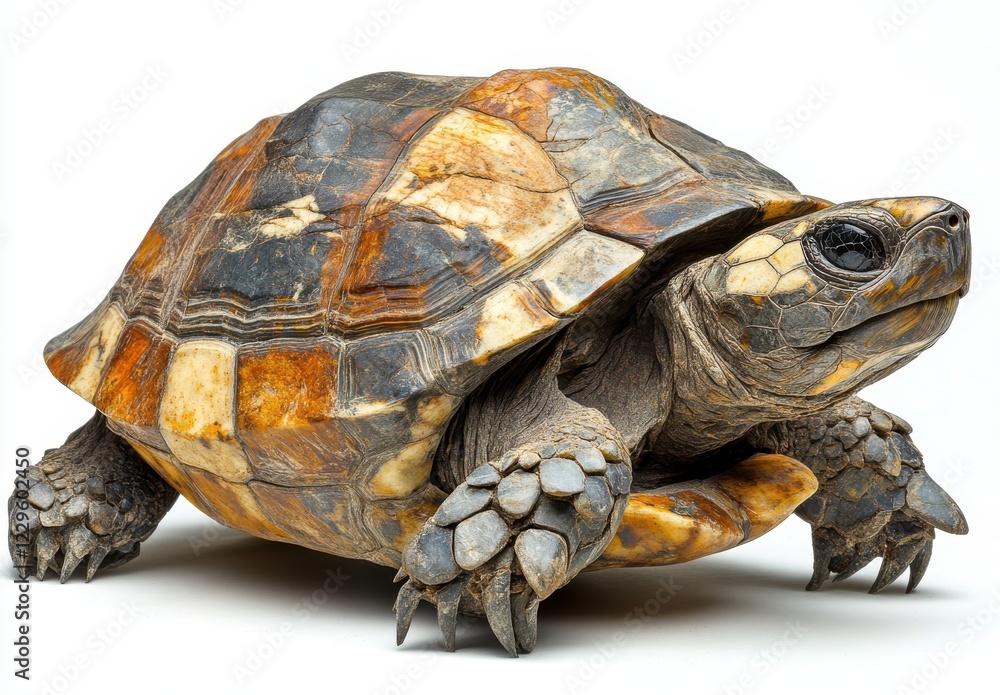 Poster close-up of a beautifully patterned turtle with richly colored shell on a light background showcasin