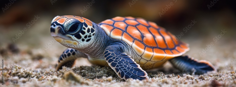 Aufkleber close-up of a colorful baby turtle crawling on sandy beach under soft natural light with vibrant she